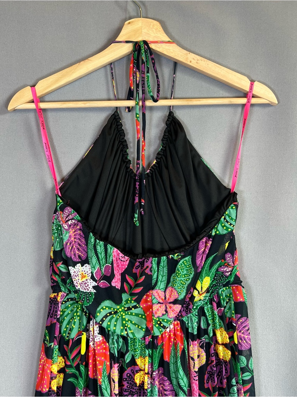 Betsey Johnson SzL Tropical Floral Halter Maxi Dress Black w/Green & Pink Print - Picture 3 of 7